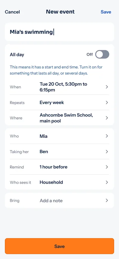 Paryta's New event screen for a made-up family: Mia's swimming, Tuesday 20 October 5:30pm to 6:15pm, repeats every week at Ashcombe Swim School, with who is going, who is taking her and a reminder one hour before.