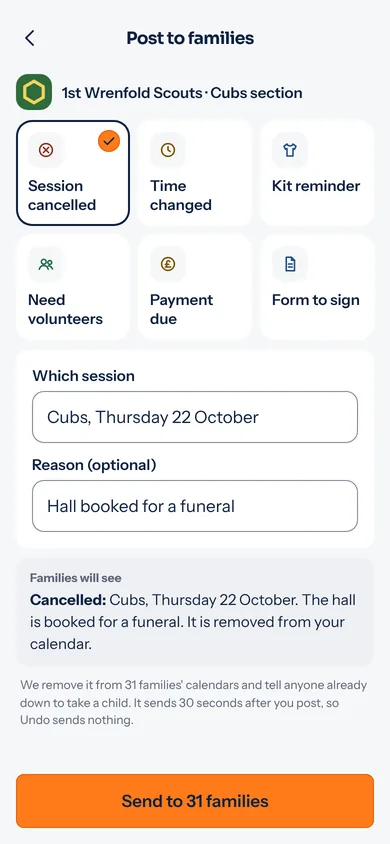 Paryta's Post to families screen for a made-up group, 1st Wrenfold Scouts, Cubs section. Post types include Session cancelled, Time changed, Kit reminder, Need volunteers, Payment due and Form to sign, with a preview of what families will see.
